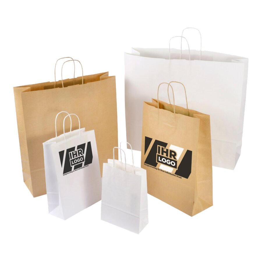 Hochwertige Kraftpapier-Tasche in unterschiedlichen Gren, in Wei oder Braun mit individueller Bedruckung