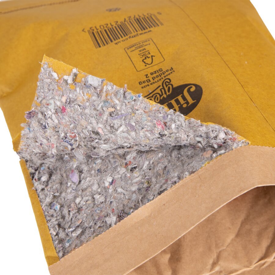 Die Polsterung der Jiffy-Taschen besteht aus Recyclingpapier Die Polsterung der Jiffy-Taschen besteht aus Recyclingpapier