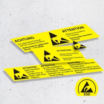 Sammelaufnahme 3 Etiketten gelb mit schwarzem Aufdruck