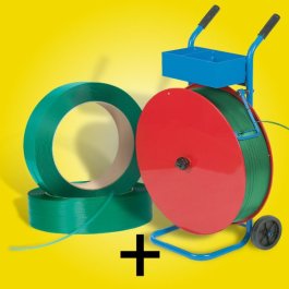 Sammelaufnahme: 2x Umreifungsband grün + Abroller blau / rot mit grünem Umreifungsband