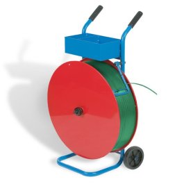 Abrollwagen in blau / rot mit grünem Umreifungsband 