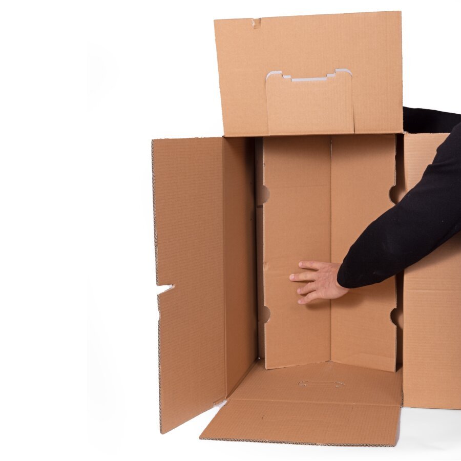 Zum Schluss die Boden-Innenklappen nach unten drcken. Selbsthaltender Boden, kein Klebeband ntig. Fertig!