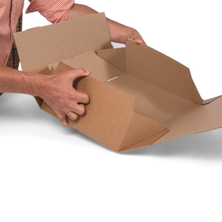 Über die klappbaren Seitenwände ist der Karton im Handumdrehen aufgebaut Über die klappbaren Seitenwände ist der Karton im Handumdrehen aufgebaut