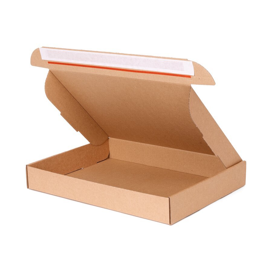 Eine Klappschachtel im ge�ffneten Zustand mit sichtbaren Selbstklebestreifen