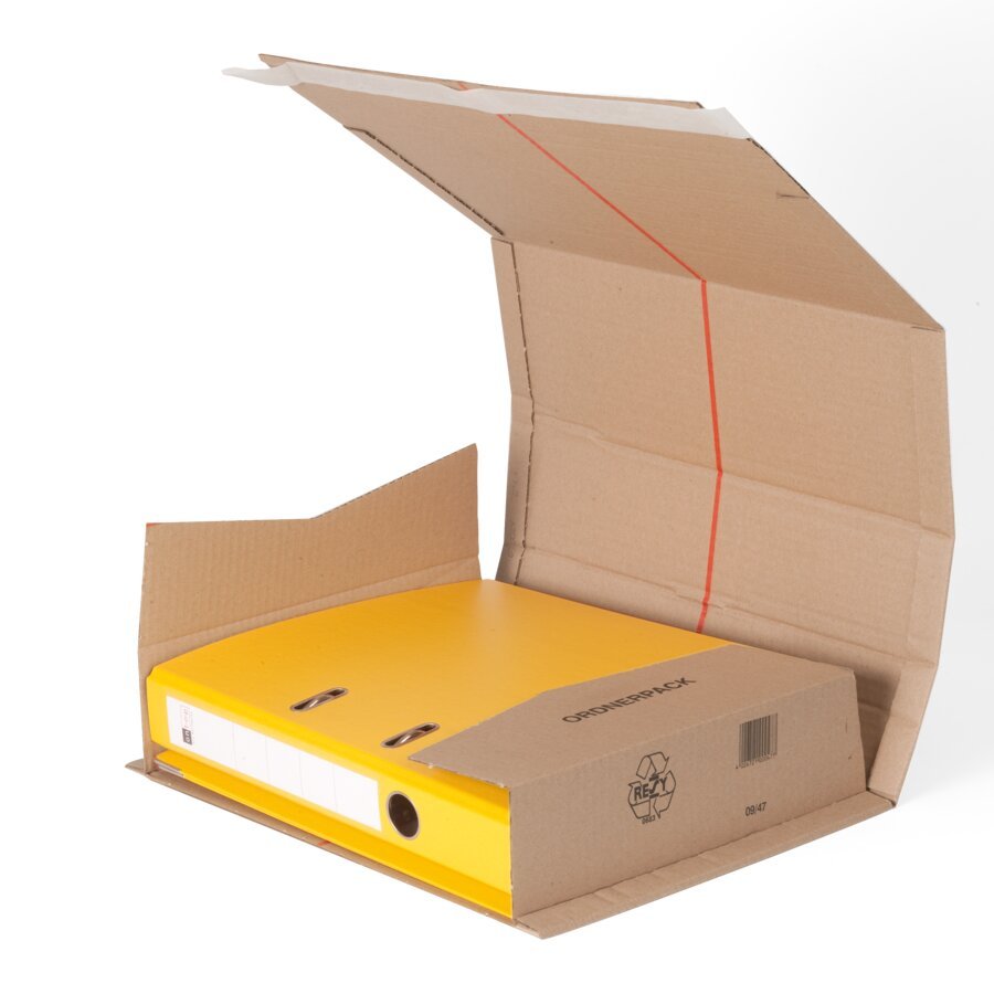 Ordner-Verpackung mit SK-Verschluss und Aufreißfaden Ordner-Verpackung mit SK-Verschluss und Aufreißfaden