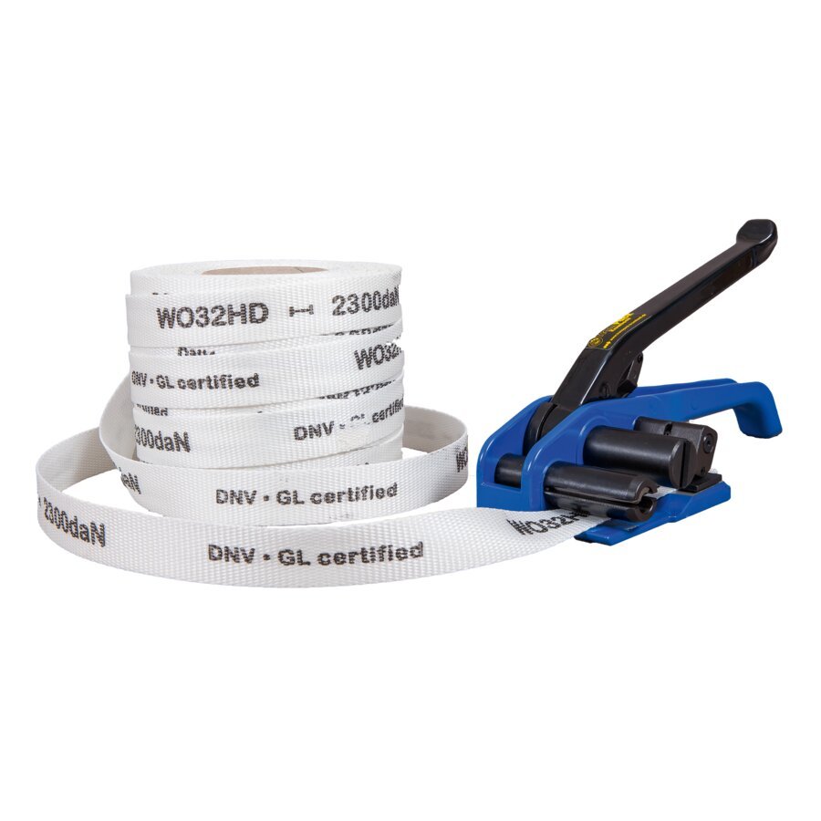 Einweg-Band einlegen, Hebel nach unten bewegen und das Lashband so bis zur gewünschten Zugkraft spannen Einweg-Band einlegen, Hebel nach unten bewegen und das Lashband so bis zur gewünschten Zugkraft spannen